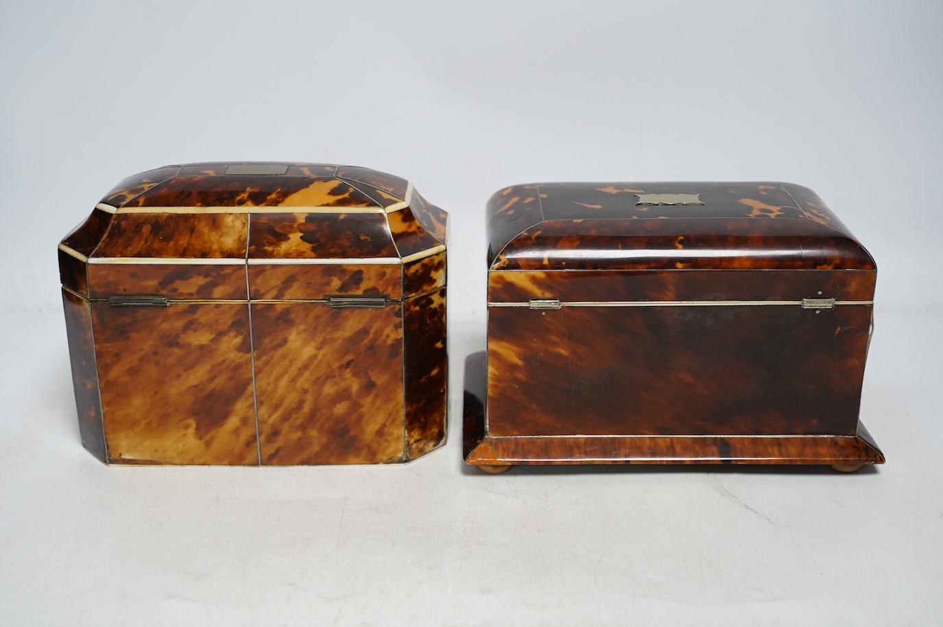 Two Regency ivory inlaid tortoiseshell tea caddies, 20cm wide, CITES Submission references DPGGV1RZ & 5672U3PY. Condition - fair